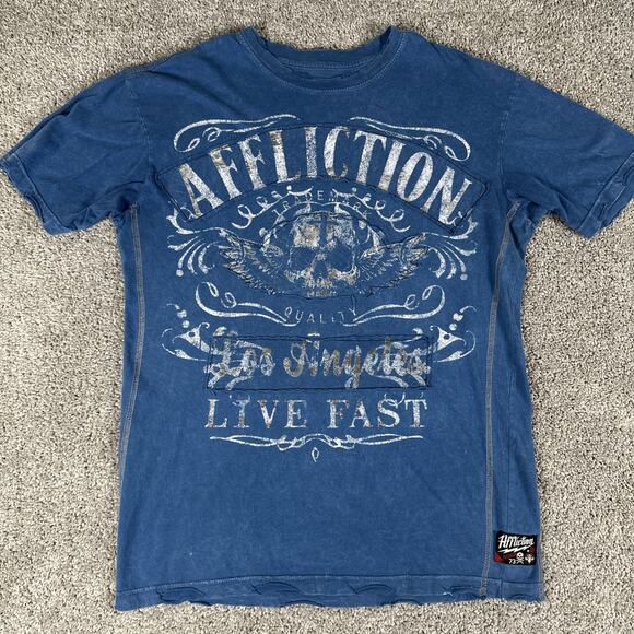 Affliction Shirt Mens L Blue Slim Fit Rope Stitch Skull Double Sided Tee Y2K - Picture 1 of 7